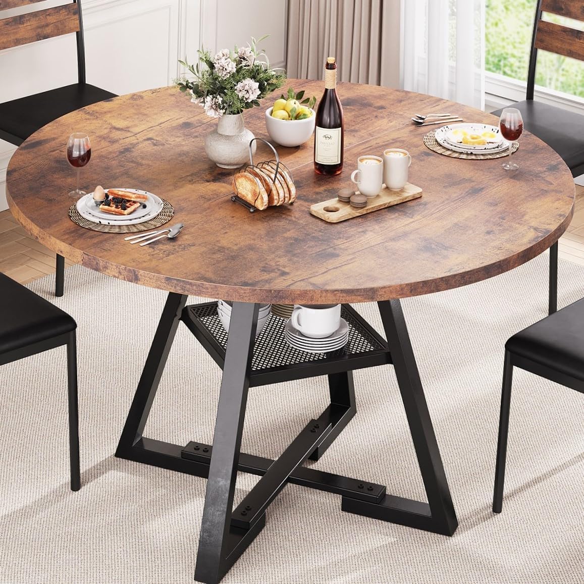 Jocoevol Round Dining Table for 2 People, Circle Dinner Table with Shelves, Space Saving Wood Kitchen & Dining Room Furniture (Vintage, 31 inch