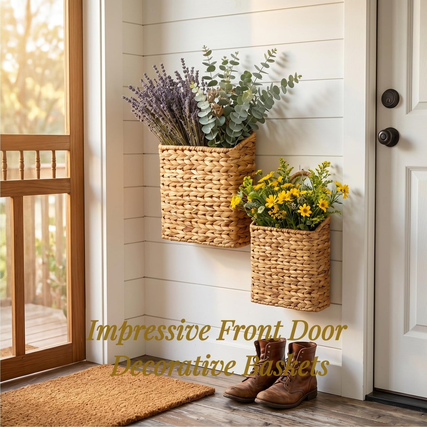 FRONDENT Wicker Hanging Storage Basket, 2 Pack Hanging Baskets Wall Planter, Woven Water Hyacinth Baskets, Storage Organizer Basket for Walls, Doors