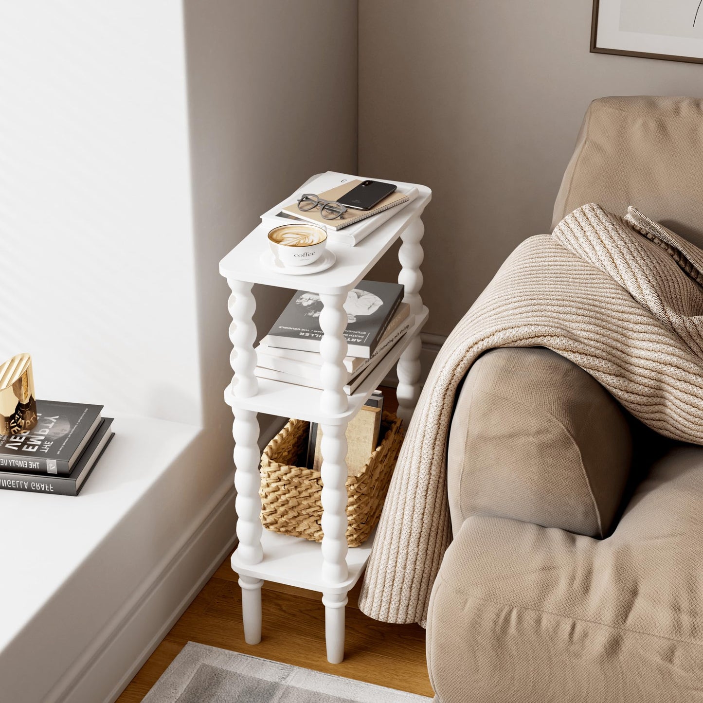 JERX 3-Tier Narrow Side Table Small End Table White