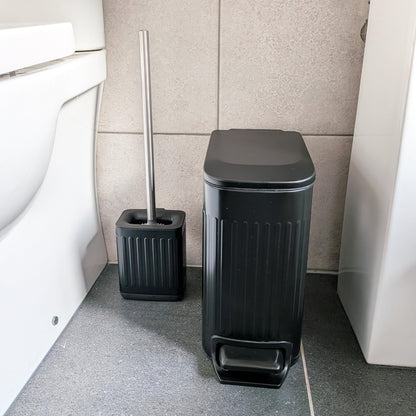 FAMM TASTIC Set of 7L Narrow Metal Pedal Toilet Bin Black Bathroom Bin/Office Bin/Bedroom Bin Small Bin with Lid and Silicone Toilet Brush and Holder