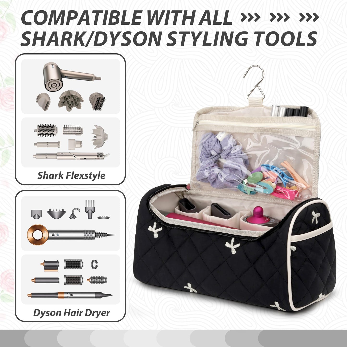 Linpr Travel Hair Dryer Bag with Hook for Dyson Airwrap Styler, Bow Black