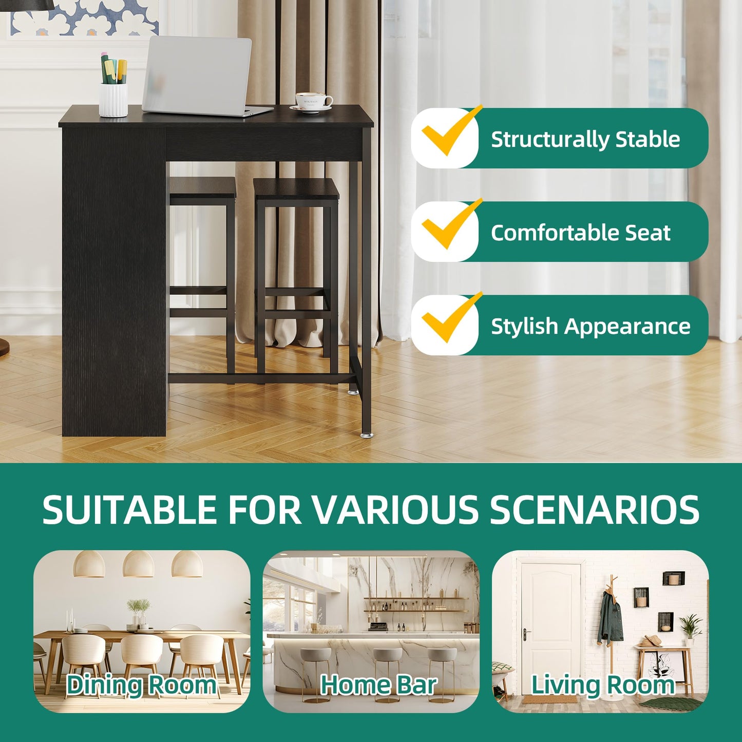 YITAHOME Breakfast Bar Table and Stools Set, Bar Table Set with Bar Stools, Breakfast Bar Dining Bar Table Footrest and Storage Shelf for Kitchen