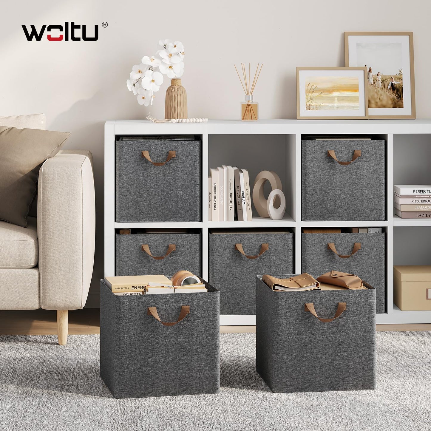 WOLTU Fabric Storage Boxes Set of 3, Collapsible Cube Baskets with Handles and Metal Frame, Wardrobe Organisers for Bedroom, Living Room, Study