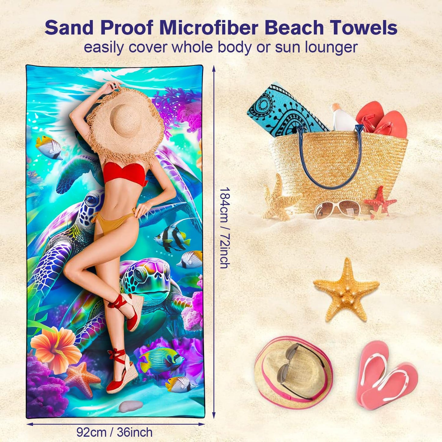 Violetpos Coral Reef Sea Turtle Group Beach Towel, Extra Large 180x90 cm 250GSM Microfibre, Sand Free Quick Dry