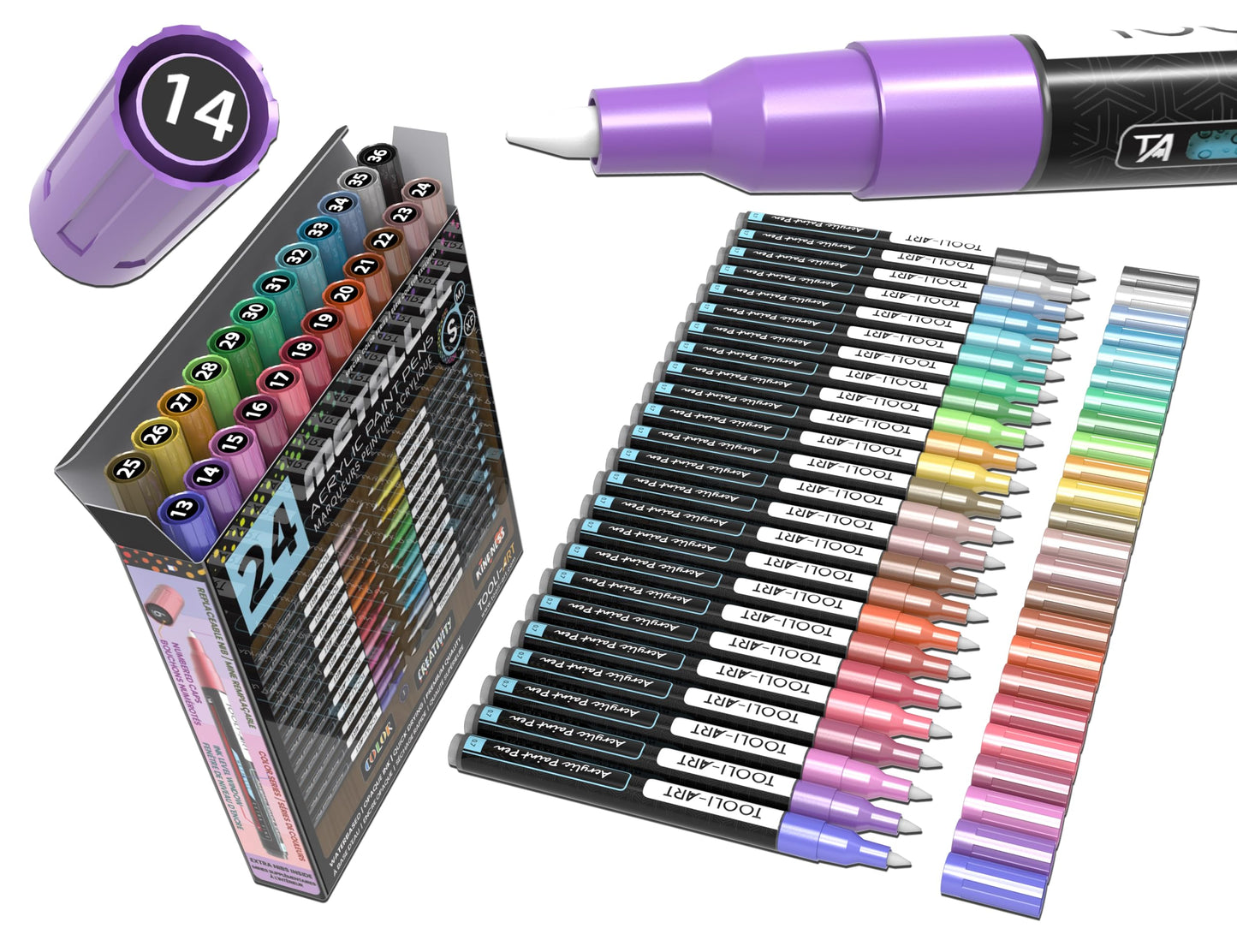 24 Metallic Acrylic Paint Markers Paint Pens Set 0.7mm Extra Fine Tip For Rock Painting, Glass, Mugs, Wood, Metal, Canvas, DIY Projects, Outlining,
