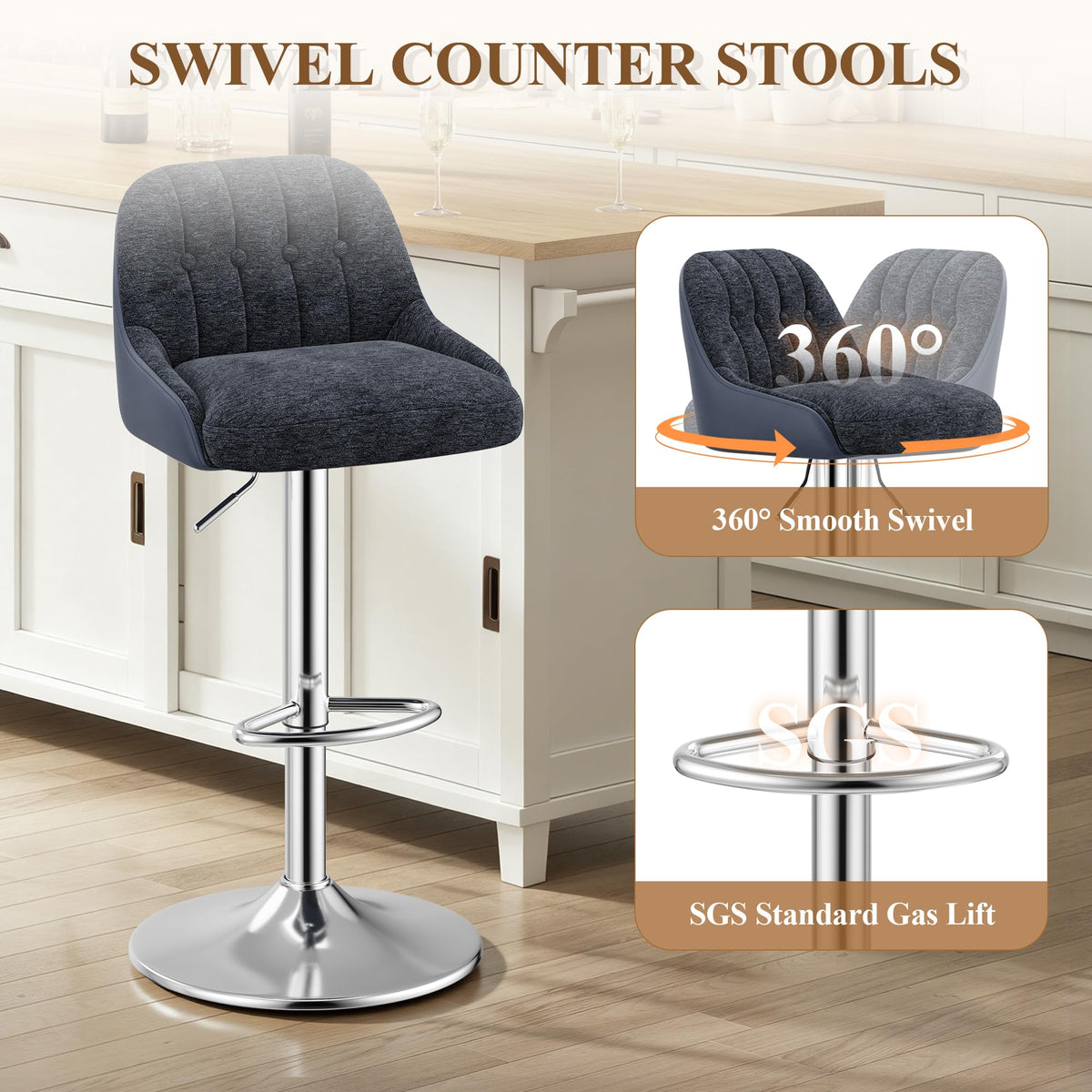 Adjustable Bar Stools Set of 2, Swivel Counter Stools with Backrest, Chenille & Faux Leather Upholstered Bar Chairs