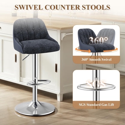 Adjustable Bar Stools Set of 2, Swivel Counter Stools with Backrest, Chenille & Faux Leather Upholstered Bar Chairs