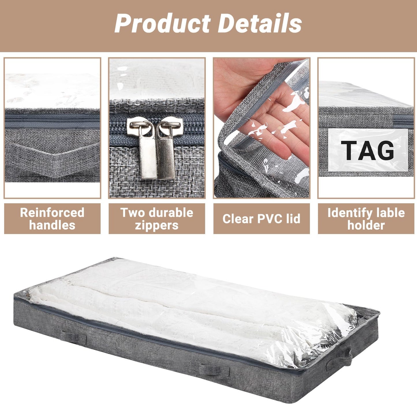 Pomodee Grey Under Bed Storage Box with Zip – 2 Pack with Lid,Clear Window