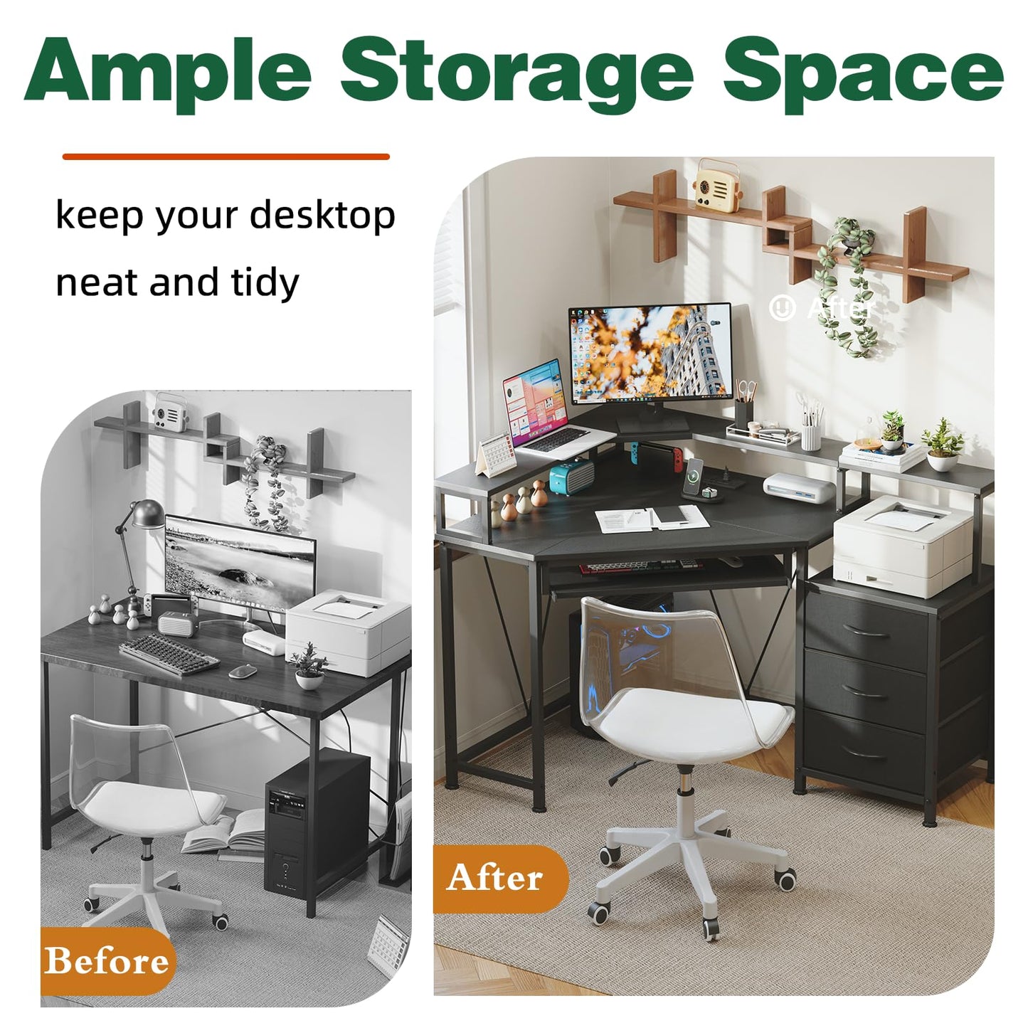 Flrrtenv 90x120cm Corner Desk with 3 Drawers, L Shaped Computer Desk with Keyboard Tray with Power Outlet & Monitor Stand