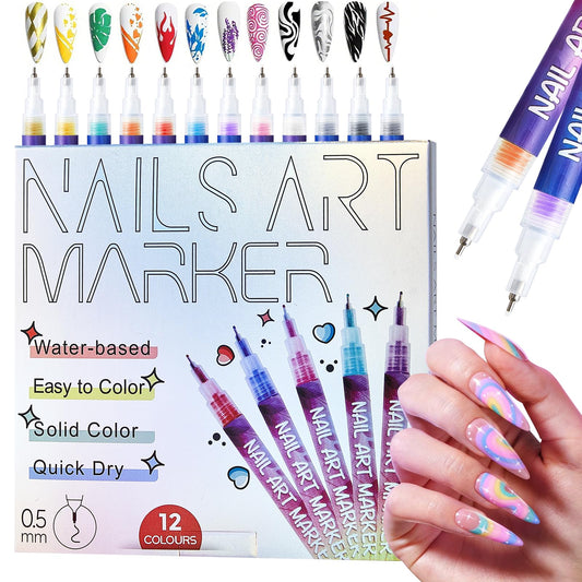 SOLUAME 12 Colors Nail Art Pens Set, 0.5mm Nail Art Markers Polish Pens for 3D Nail Art, DIY Nail Art Kit for Real Nails, Premium Quick-Drying Formula