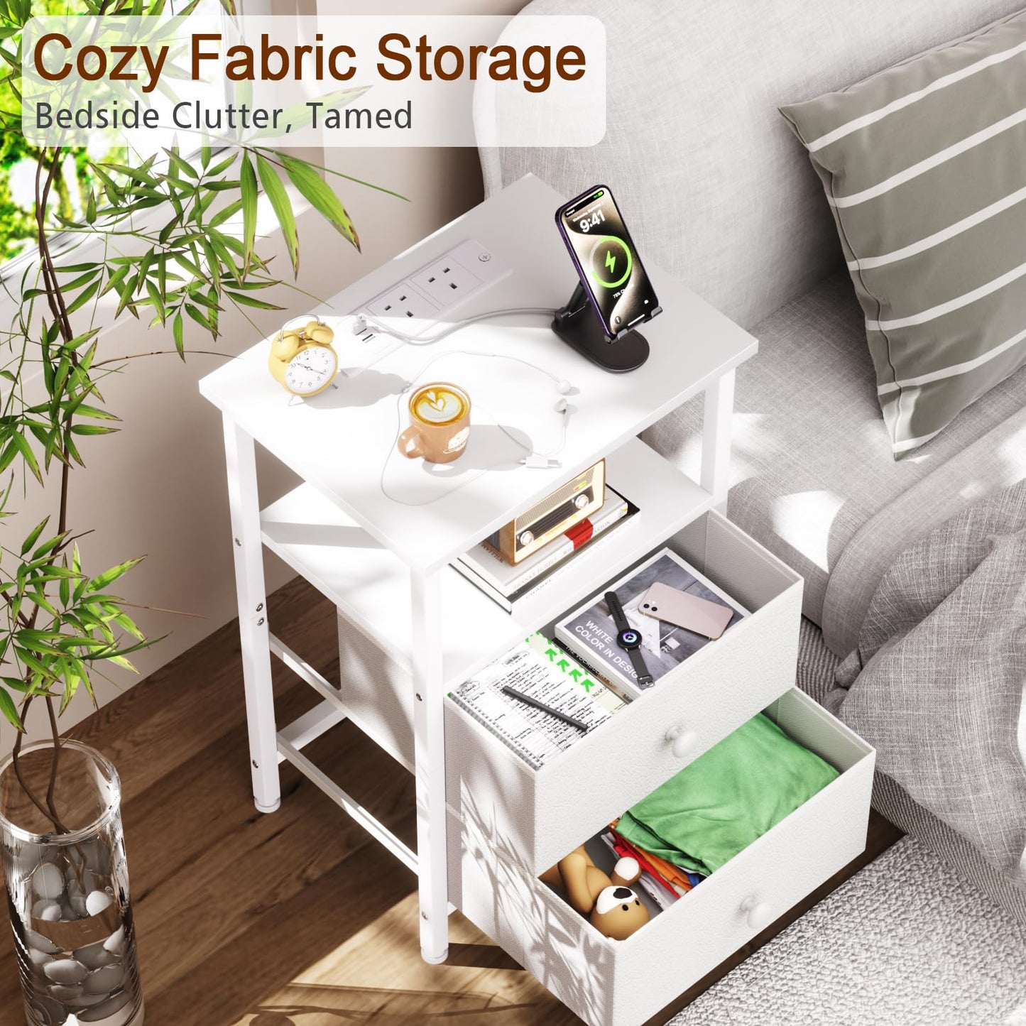 LOAKEKEL Bedside Table with Charging Station (Power, White, 2 Drawers)