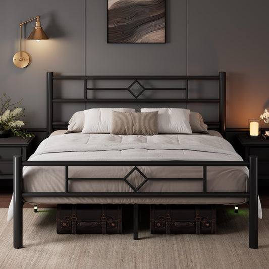 Feonase King Size Bed Frame with Headboard and Footboard, Metal Platform Kingsize Bed Frame with Underbed Storage, Solid Metal Slats Support, No Box