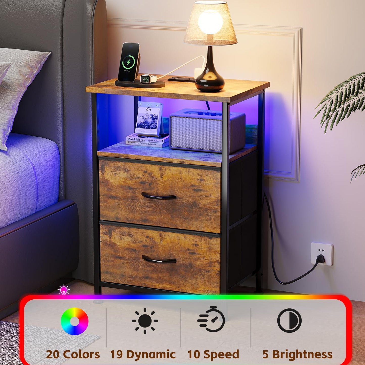 Flrrtenv Bedside Table with Charging Station, Smart Beside Cabinet, Nightstand with 2 Fabric Drawers & LED Light