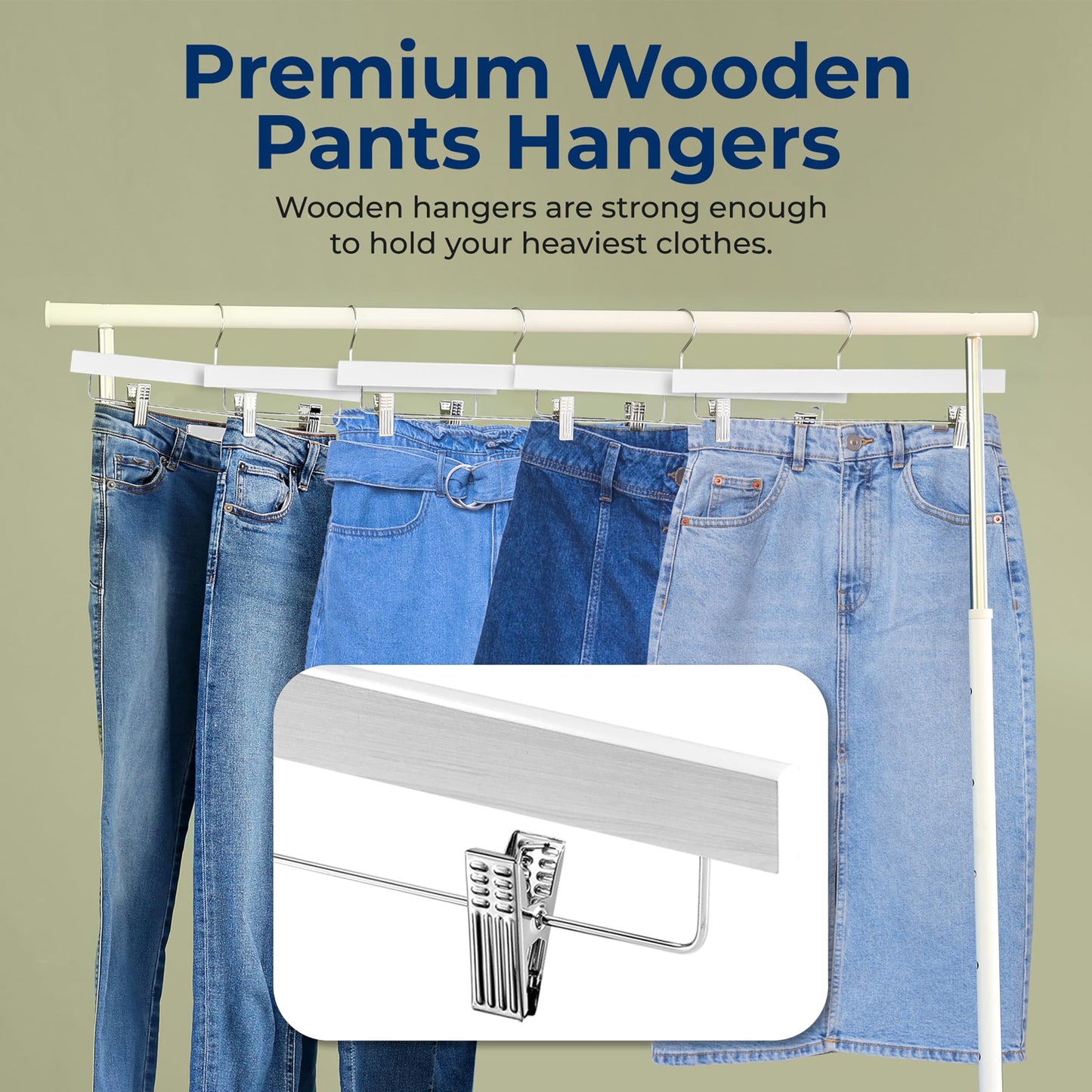 SereneLife 20pcs White Wooden Trouser Hangers, 35cm Anti-Slip Clips