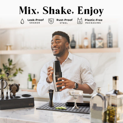 BARE BARREL Cocktail Making Kit | 14-Piece Bartender Kit Cocktail Shaker Set Maker | Bamboo Display Stand & 35 Recipe Cards | Mixology Cocktail Gift