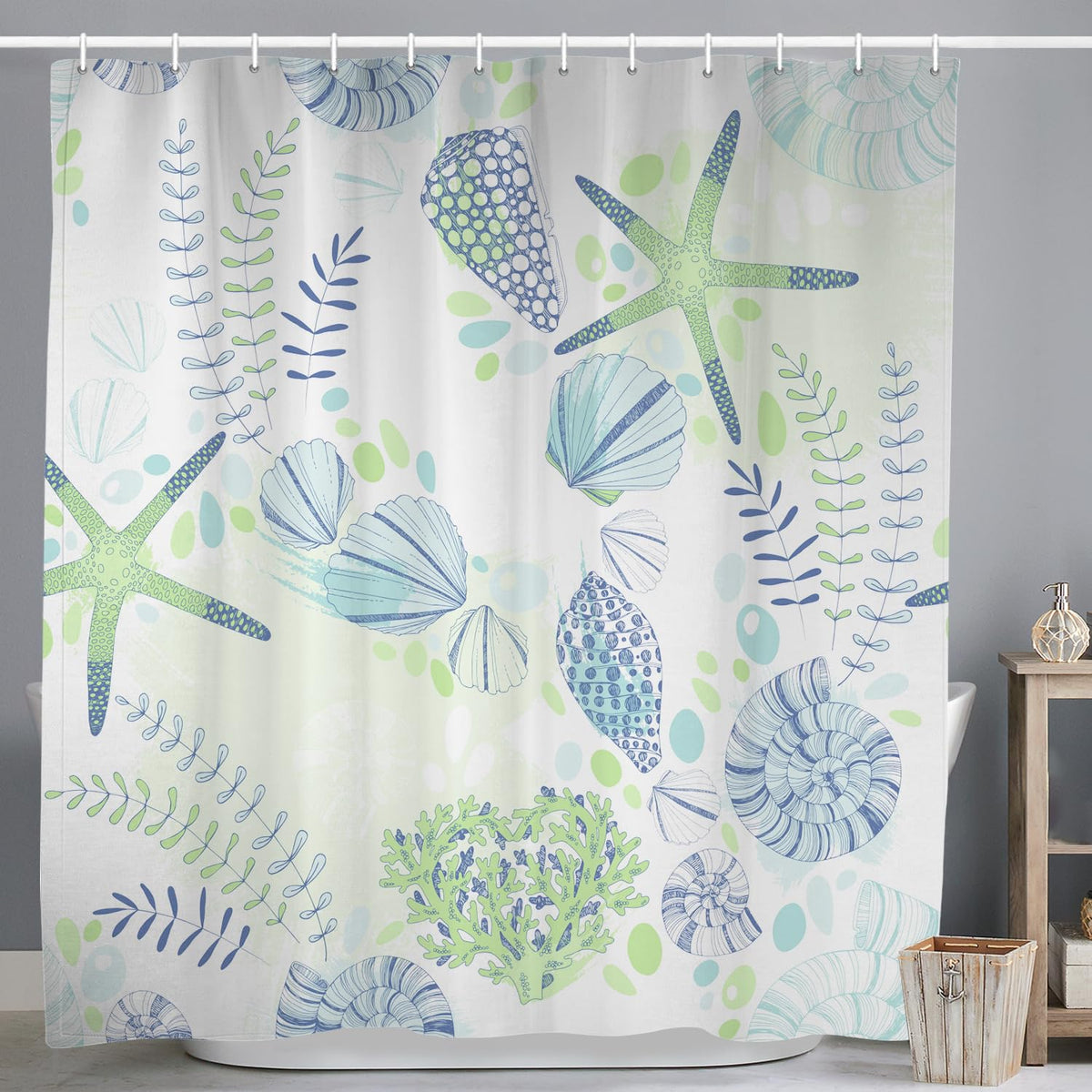 ASDCXZ Maritim Shower Curtain 180x200 cm, Blue Green Sea Animals Starfish Shell Leaves Maritime Nautical Washable Shower Curtains Polyester Textile