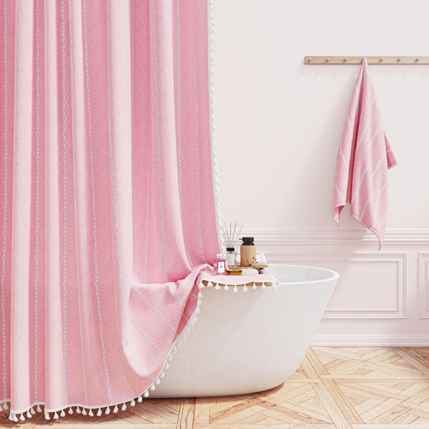 BTTN Long Boho Farmhouse Striped Weighted Shower Curtain, 183x201cm, Pink