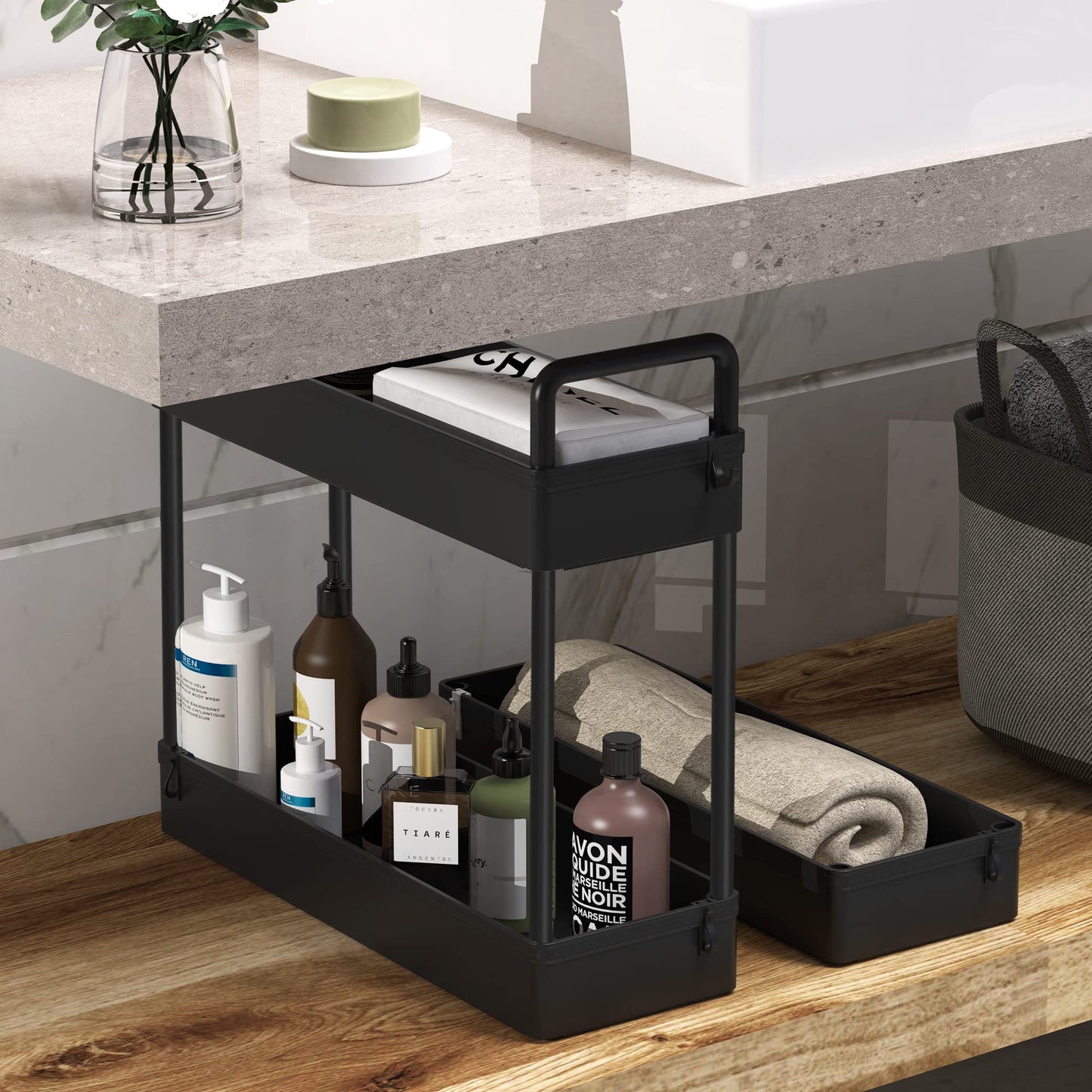 SOLEJAZZ 3-Tier Storage Trolley Cart Slide-out Slim Rolling Utility Cart Mobile Storage Shelving Organizer for Kitchen, Bathroom, Laundry Room