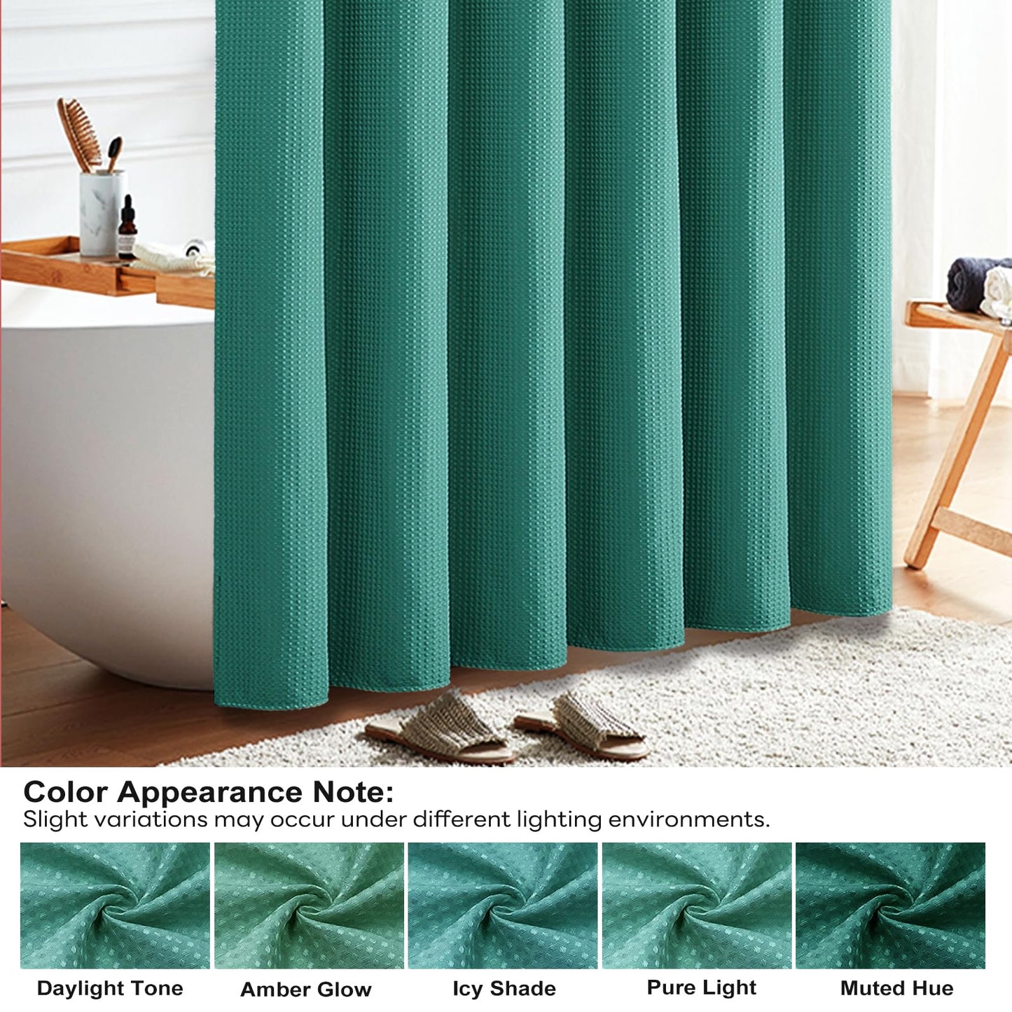 BTTN Long Waffle Shower Curtain, Waterproof, 182x200cm, Seaweed Green