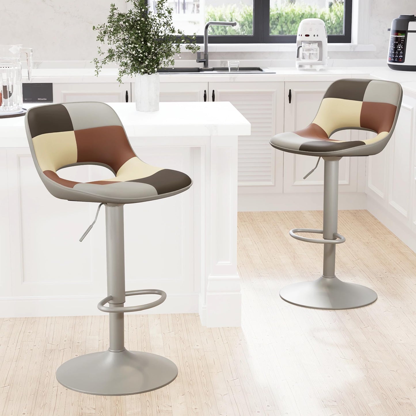 YOUNIKE Bar Stools Set of 2, Boho Colorful Patchwork Faux Leather Barstools, Adjustable Swivel Counter Height Bar Stool Upholstered Counter Stools