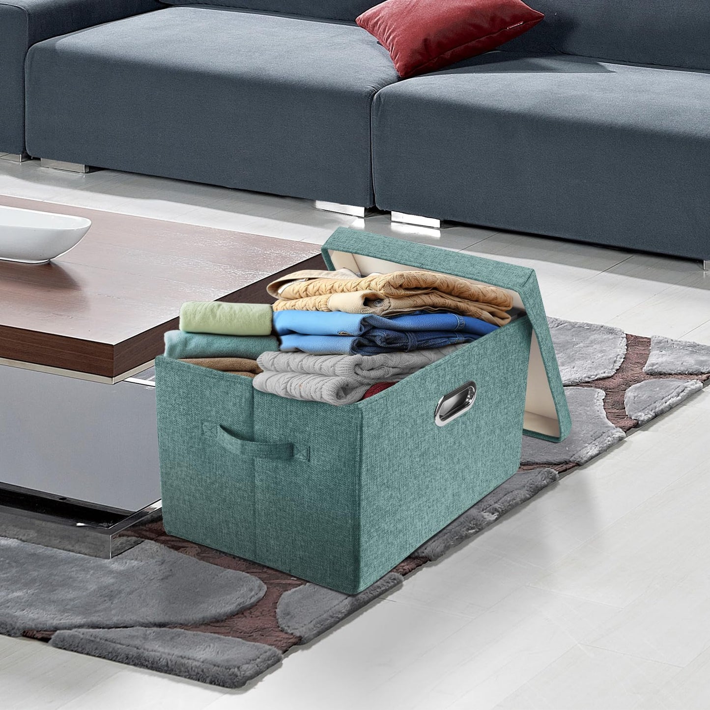 TYEERS Large Storage Box with Lid, Collapsible, Washable, Fabric Storage Box for Clothes, Wardrobe Storage, 44x30x29 cm, Set of 5, Aqua Deep
