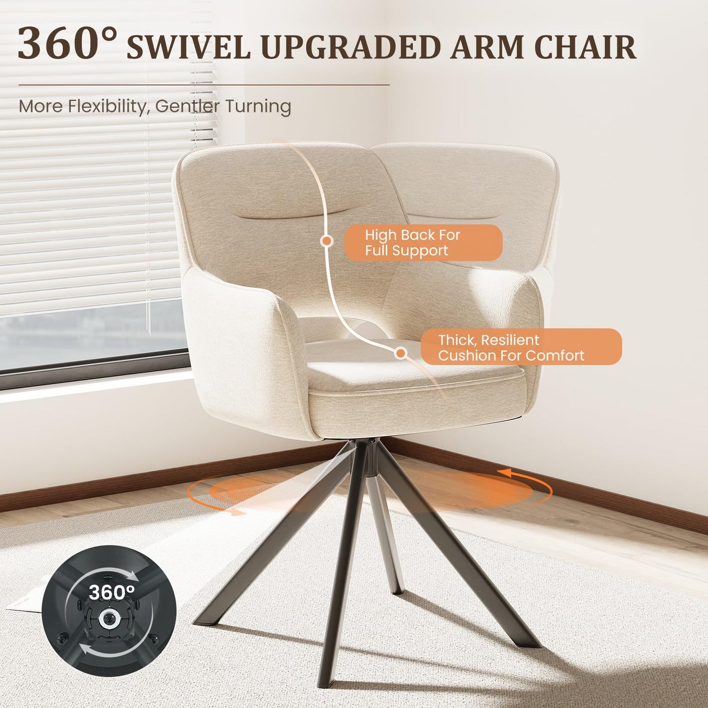 COLAMY 360°Swivel Dining Chairs Set of 2, Fabric Chairs for Dining Room with Armrests, Hollow Backrest and Thick Seat Cushion