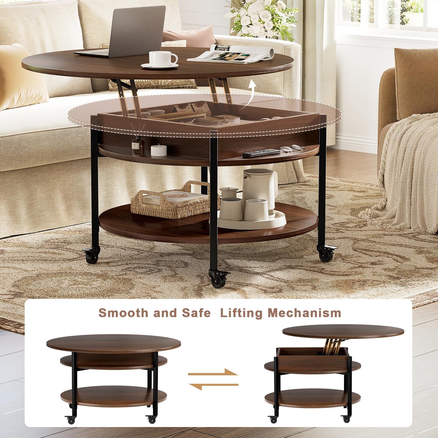 Mossora Espresso Round Lift Top Coffee Table with Lockable Wheels & Storage