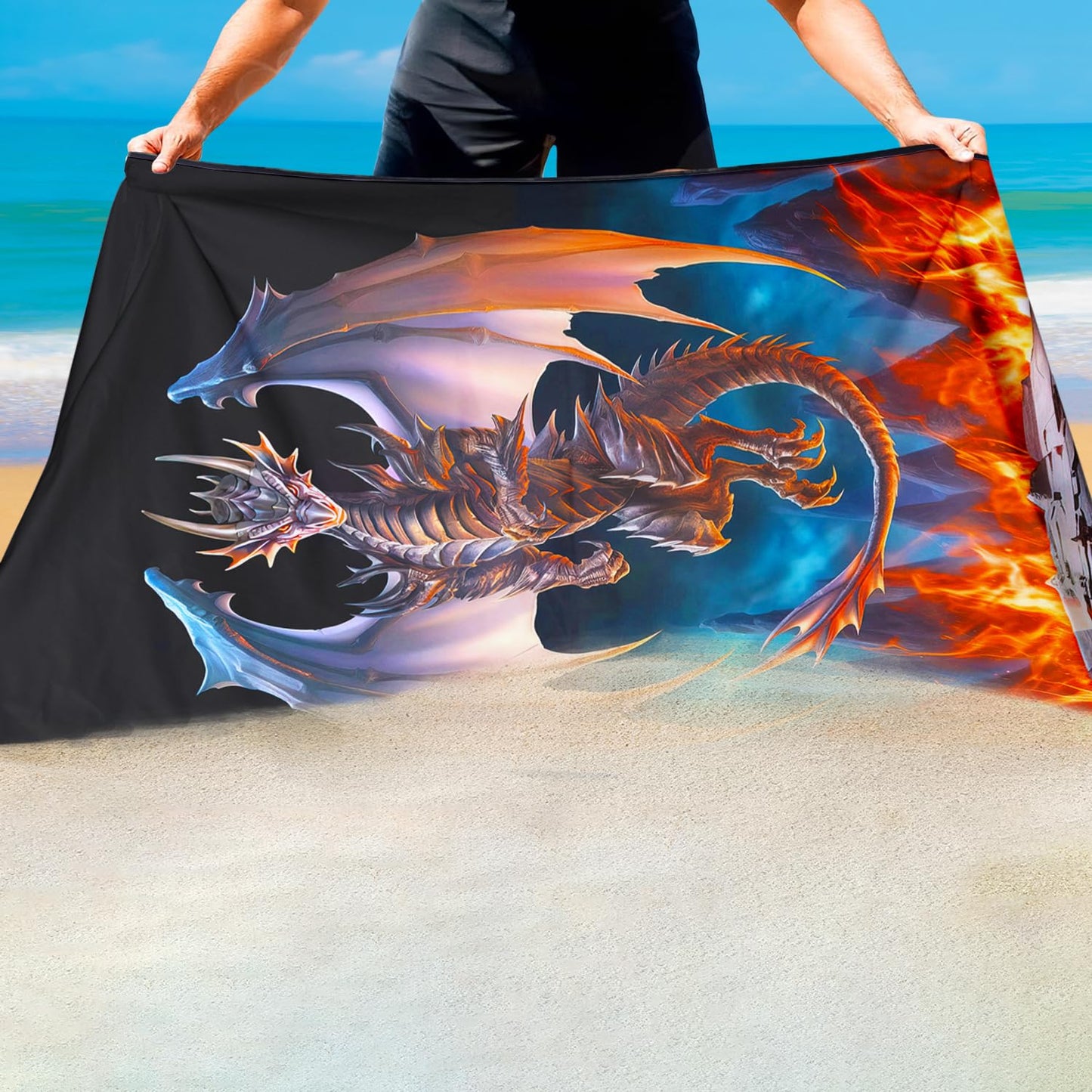 Violetpos Fire Dragon Beach Towel, Extra Large 180x90 cm 250GSM Microfibre, Sand Free Quick Dry
