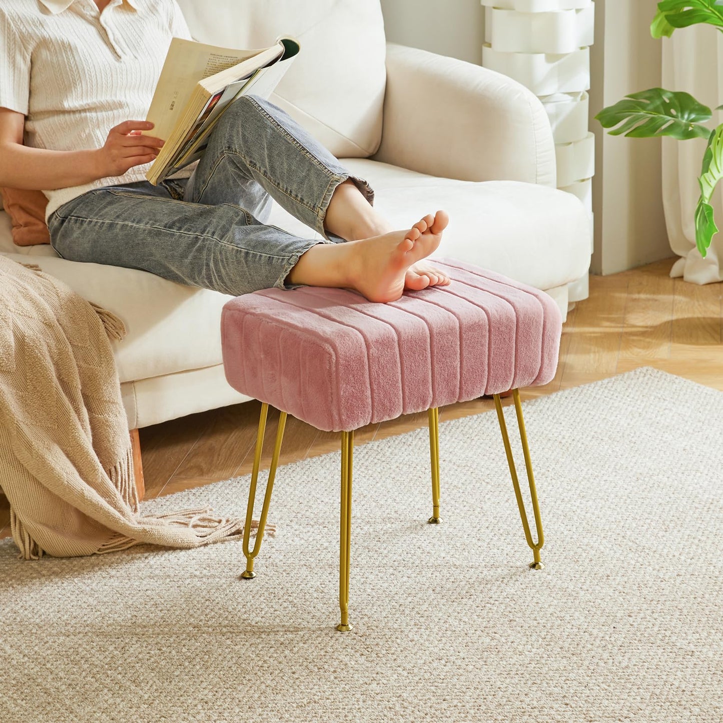 IBUYKE Makeup Vanity Stool, Velvet Rectangular Footrest, Pink L/G-51P