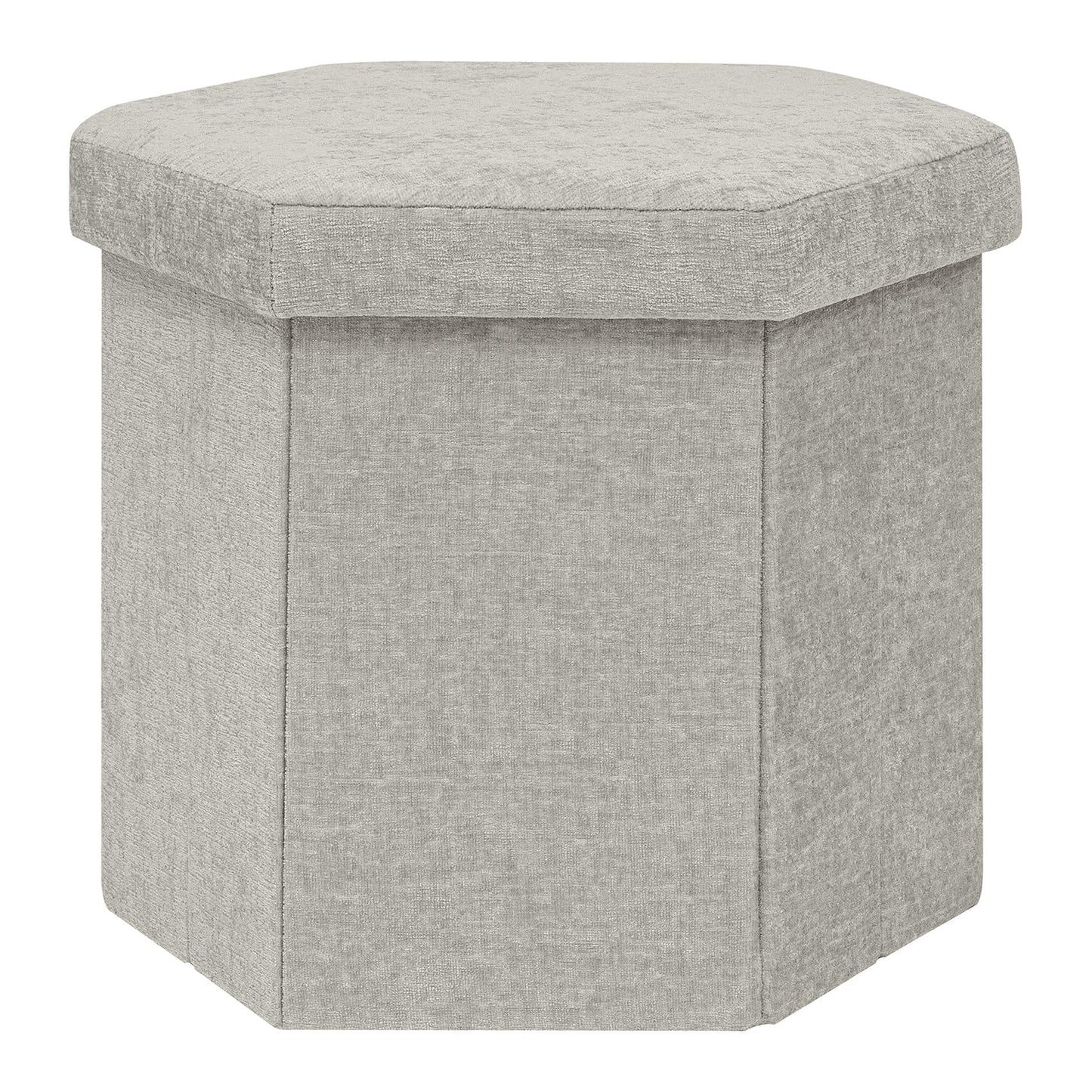 PINPLUS Chenille Ottoman Storage Box, Hexagonal Folding Stool, Silver Grey