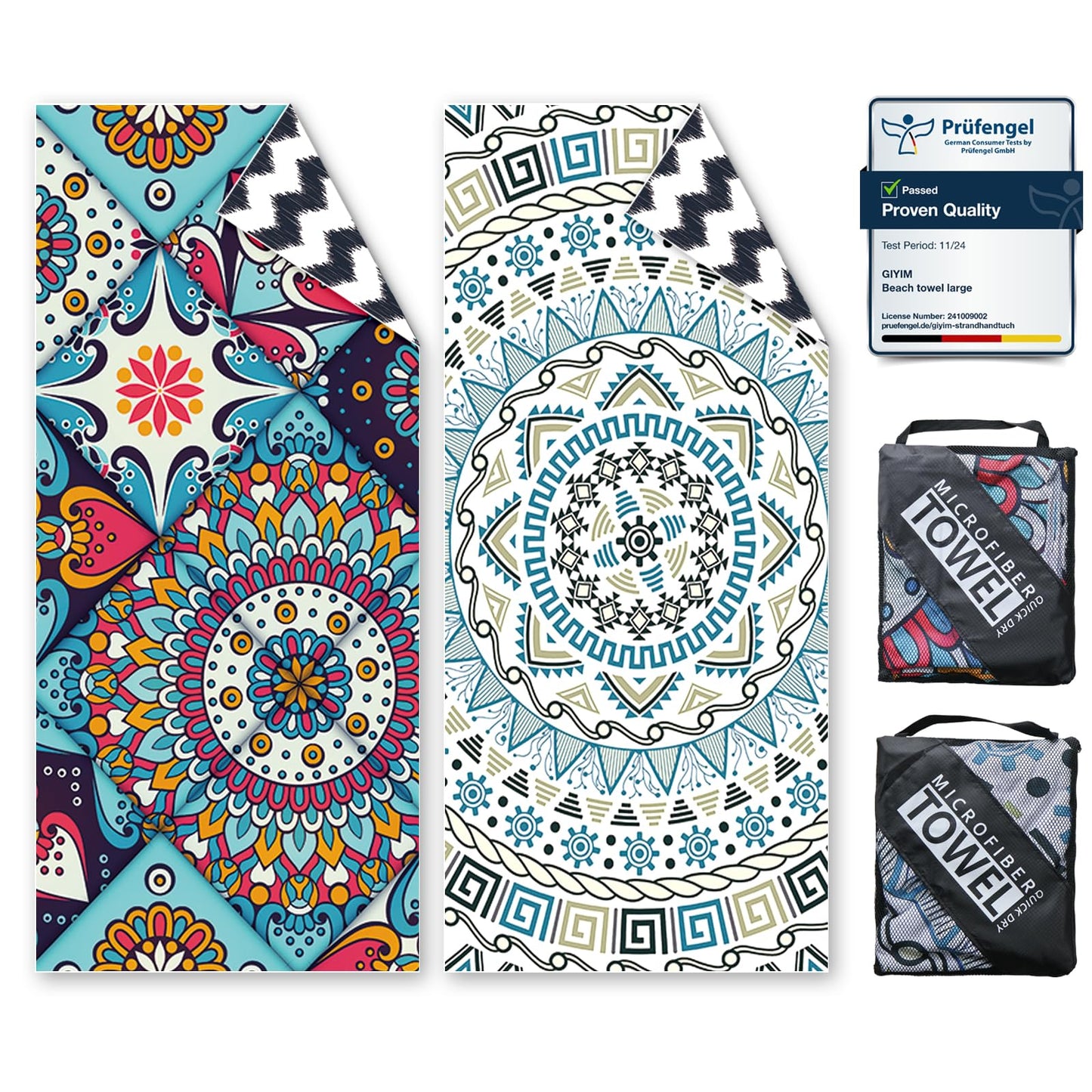 Beach Towels For Adults Extra Large - 2 Pack 200x90cm Lightweight microfibre beach towel with Mesh Bags