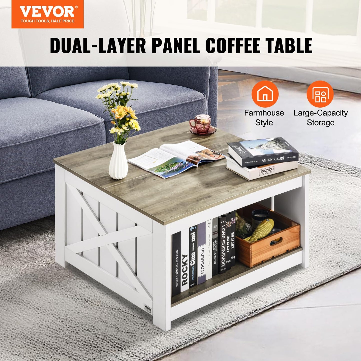 VEVOR 31.5" Farmhouse Coffee Table, Square Coffee Table with Open Storage Compartment, Wooden Rustic Cocktail for Living Room, Bedroom, Apartment