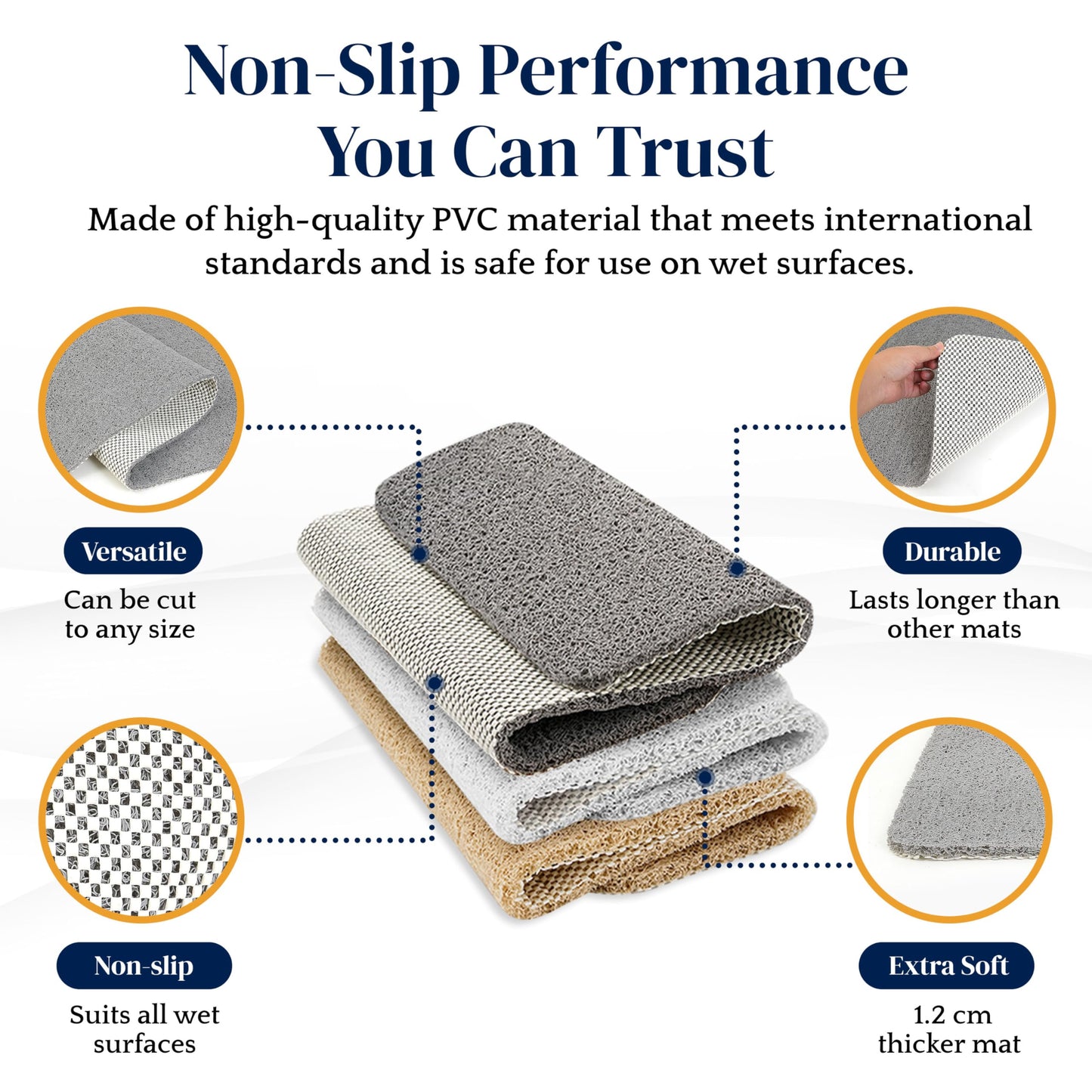 Dikots Soft Shower Bath Mat - Non Slip, Anti Mould 60 x 40 cm - Grey Loofah Style PVC Mat for Inside Shower - Washable, Quick Drying