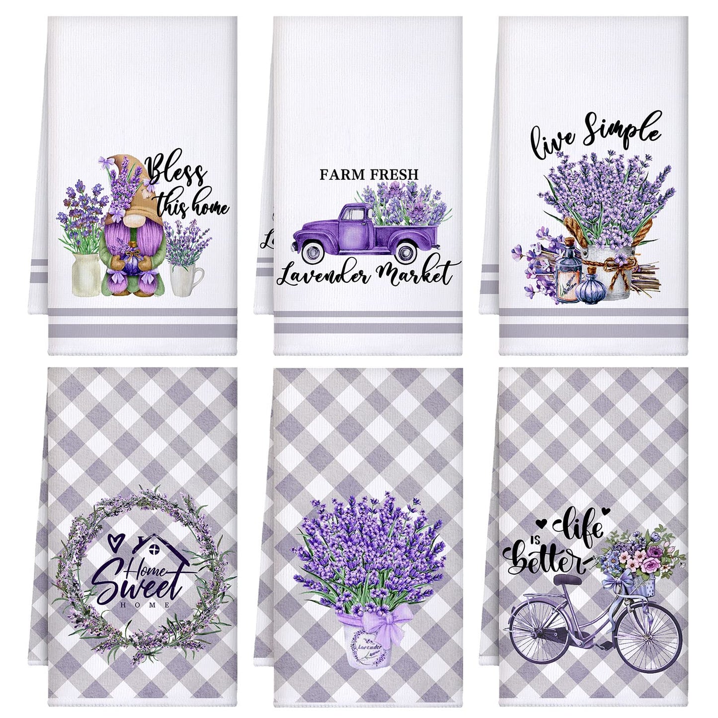 Boyiee Set of 6 Lavender Kitchen Towels Purple Floral Dishtowels Rustic Absorbent Purple Tea Hand Towels 24 x 16 Inches Lavender Lover Gifts for