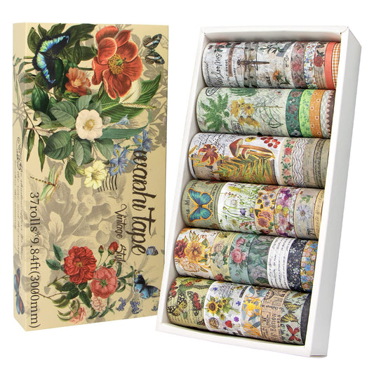 Forwaarss 37 Rolls Vintage Washi Tape Set - Decorative Masking Tape Floral Butterfly Mushroom Botanical, Adhesive Paper Tape for Gift wrapping, Diy