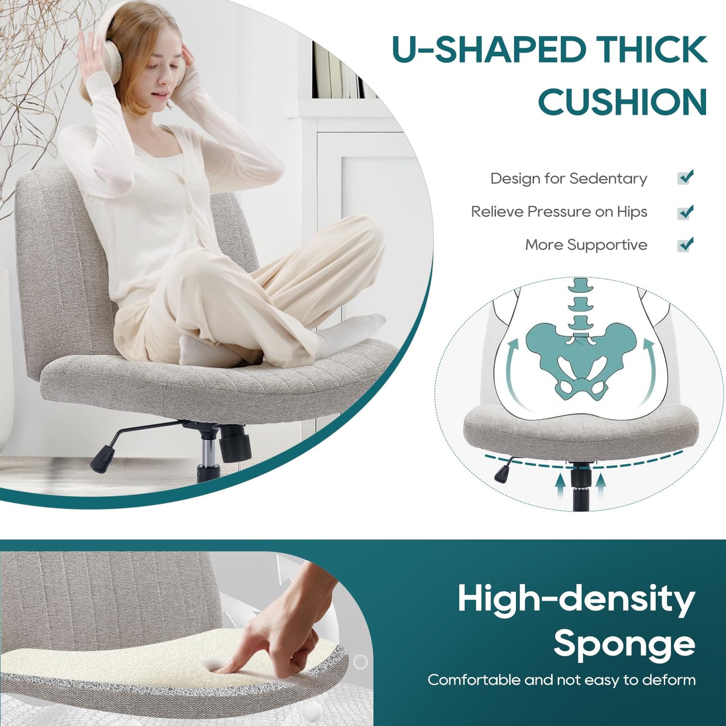 COLAMY Wide Office Chair, Padded Armless Task Vanity Chair Swivel Home Office Desk Chair 115°Rocking Mid Back Ergonomic Computer Chair for Home