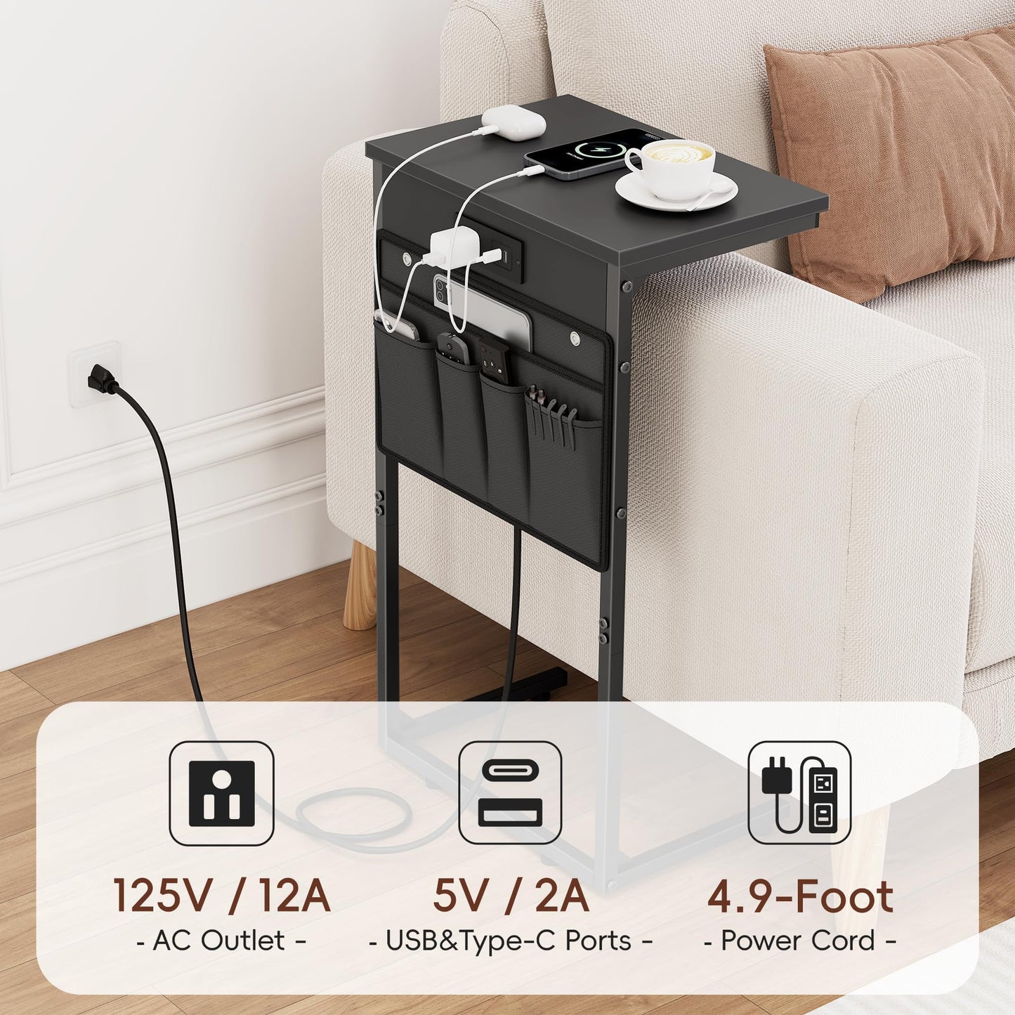 Vagusicc C Shaped End Table with Charging Station, 28" Tall Couch Side Table, Sofa Table Beside Table, Slide Under Sofa Arm C Table for Small Spaces