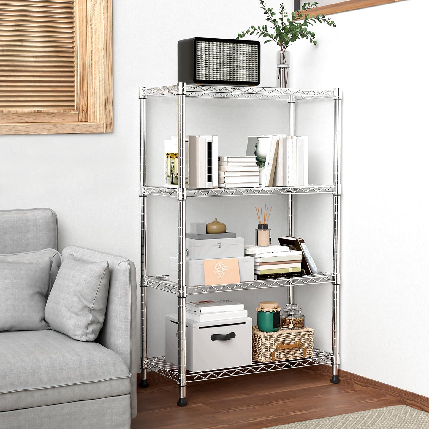 M MZG Height Adjustable Shelves,Heavy Duty Wire Pantry Shelving for Tool Sheds, Garage, and Storehouse,Metal,Chrome,4 tier,35 x 75 x 120 cm