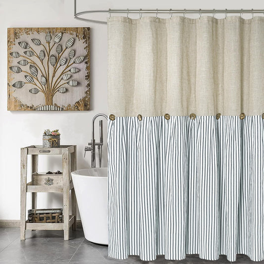 DOSLY ID?ES Country Style Shower Curtain Beige Blue Stripes Button Curtain Linen Fabric Cotton Rustic Charm Country Elegant Style 183x183cm