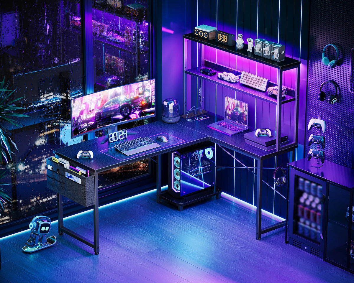 Coleshome L Shaped Gaming Desk with LED Lights & Power Outlet, Black