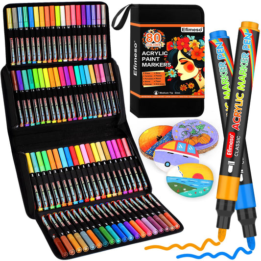 Efimeso Acrylic Paint Pens, 80 Colors Paint Markers for Rock Painting, Canvas, Wood, Stone, Ceramic, Glass, Fabric, 3mm Medium Tip Acrylic Pens