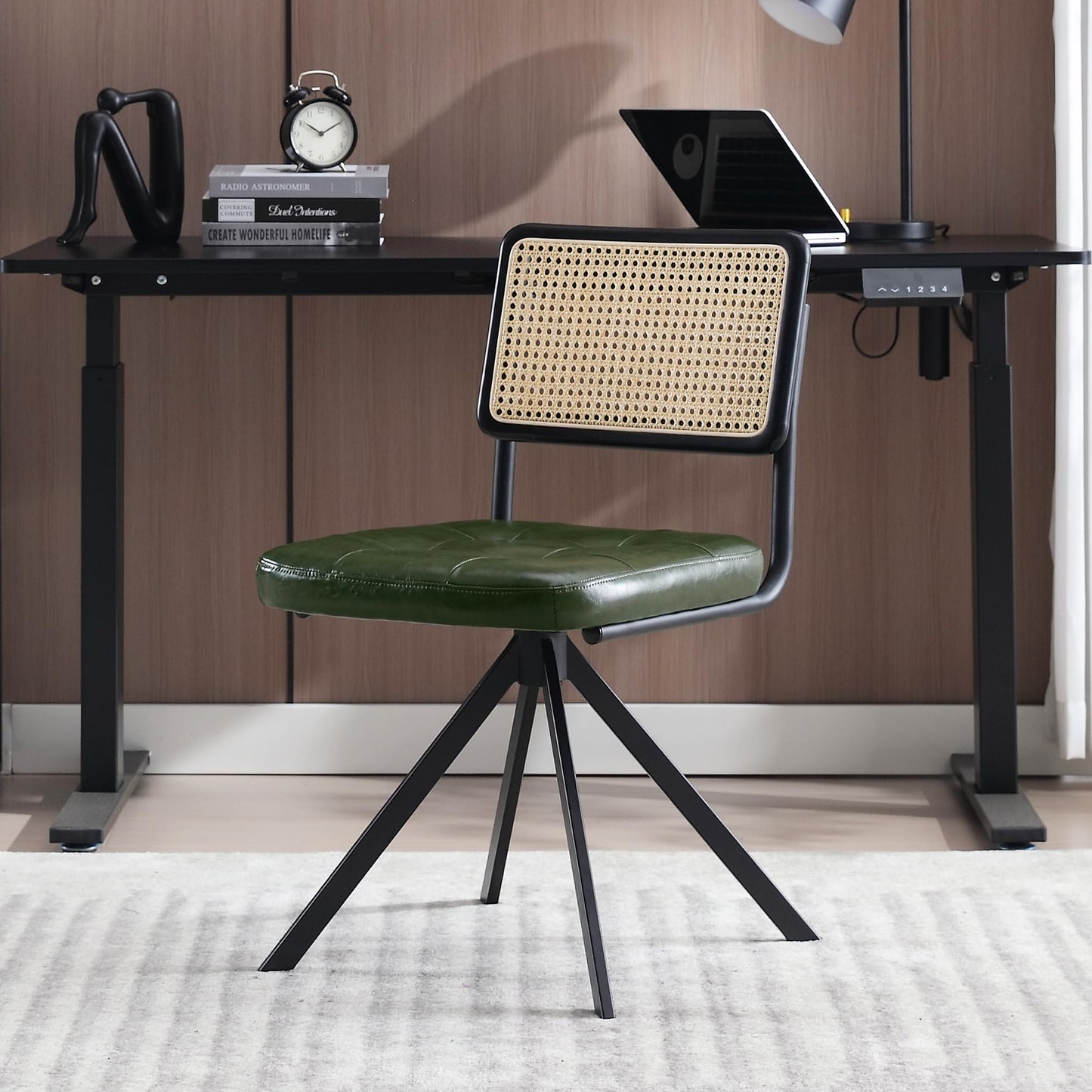 Zesthouse Rattan Desk Chair No Wheels, Mid Century Modern Home Office Chair with Cane Mesh & Wooden Back, Vintage Faux Leather Swivel Accent Chair