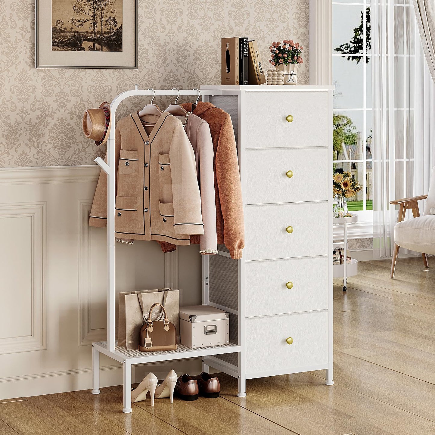 Trironsun Small 5 Fabric Drawer Dresser with Clothes Rack Chest of Drawers with Hanging Rail Reversible Wardrobe with Clothes Rack