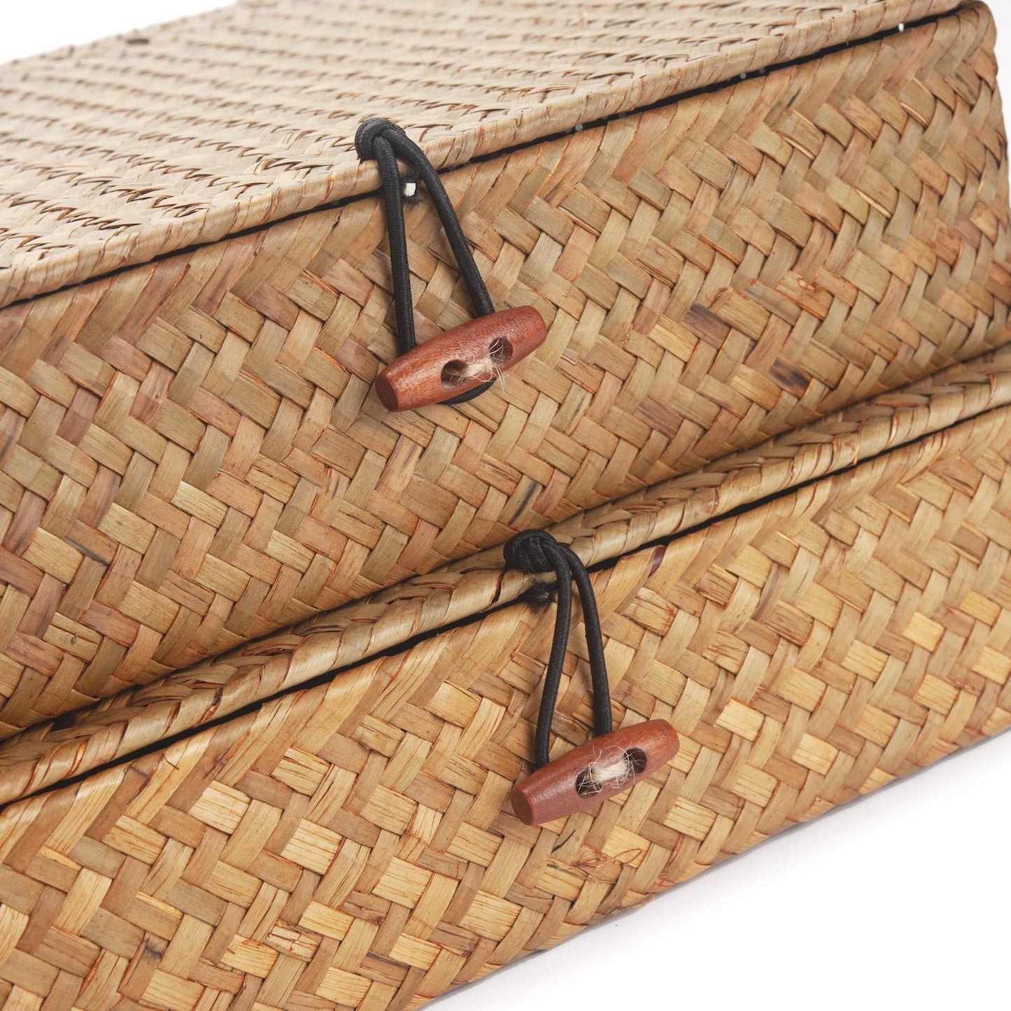 Seagrass Storage Box with Lids Rectangular Organization Wicker Shelf Baskets Natural Woven Stackable Set of 2 (Large+Small)