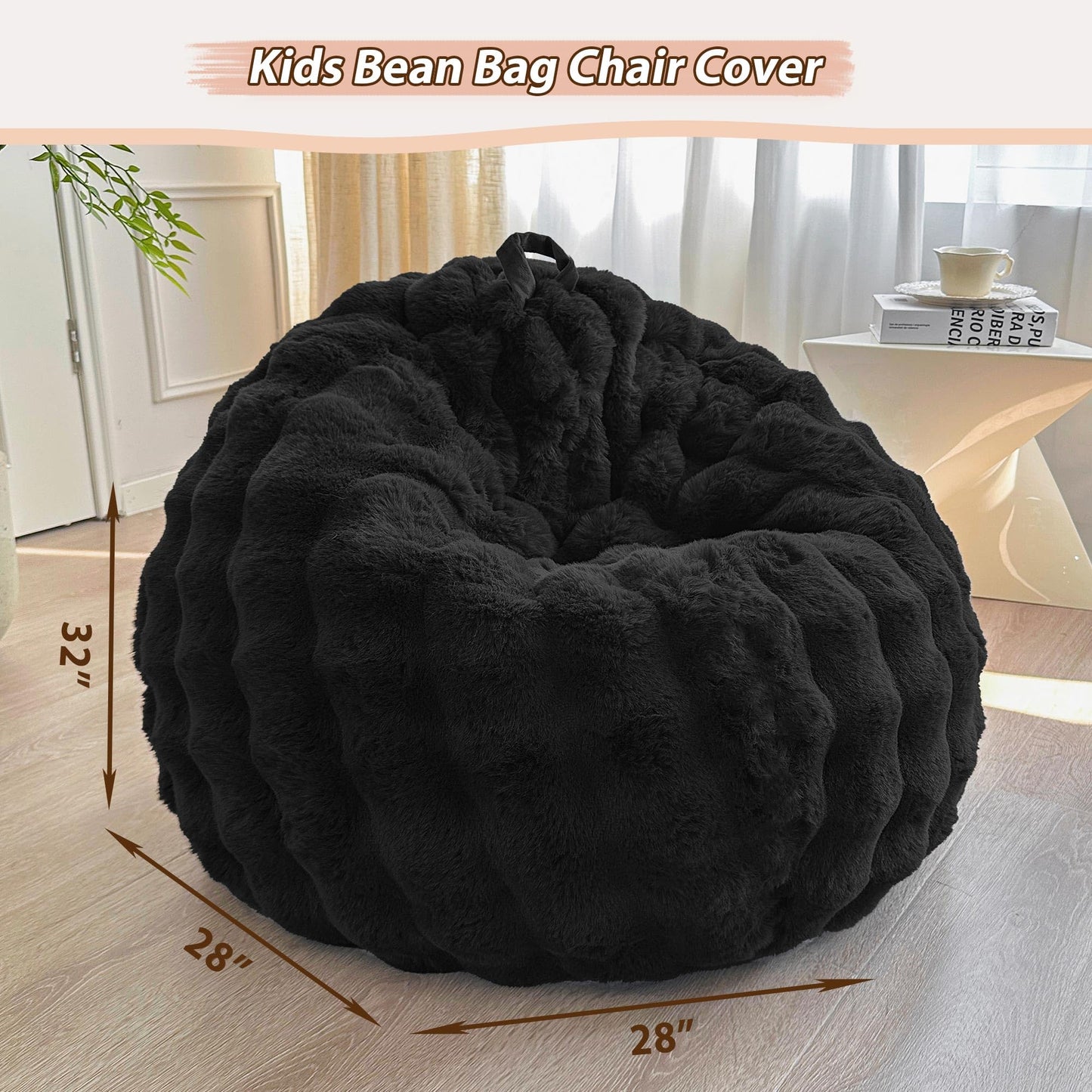 LIFEREVO Kids Fluffy Faux Rabbit Fur Bean Bag Chair Cover, No Filler, Black