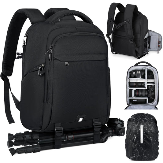 RAINSMORE Camera Bags for Photographers Camera Backpack with 15.6 inch Laptop Compartment Professional DSLR SLR Camera Bag Raincover Men Women for