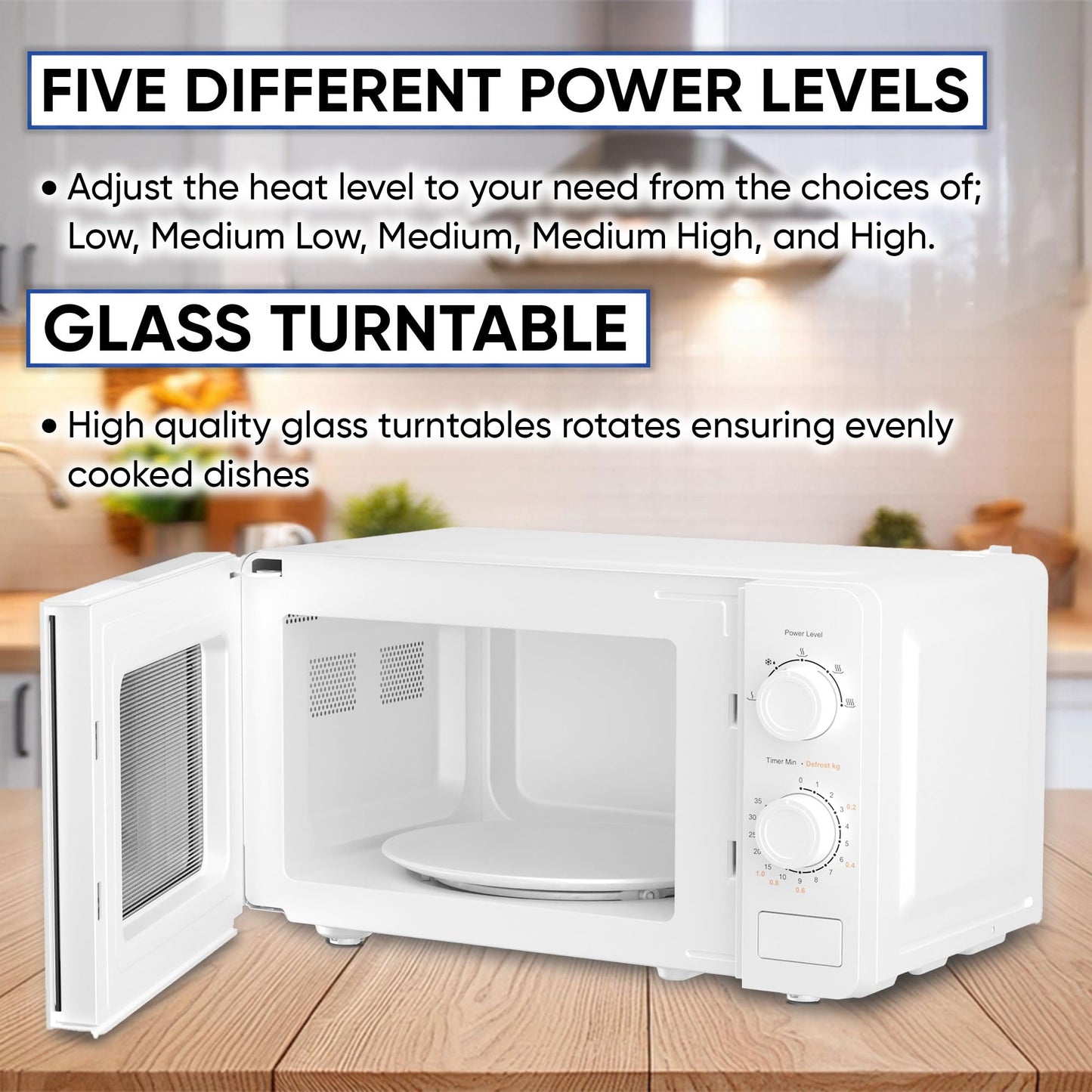 Cello 800W Microwave Oven with 20 Litre Capacity 5 Power levels and defrost function, White, Manual control, Clock kitchen timer WEMA10