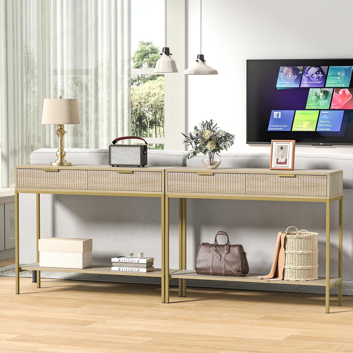 Skokliz Console Table with Storage, Wood Entryway Table with 2 Drawers, Narrow Long Sofa Table Hallway Foyer Table with Storage Shelves Behind Couch