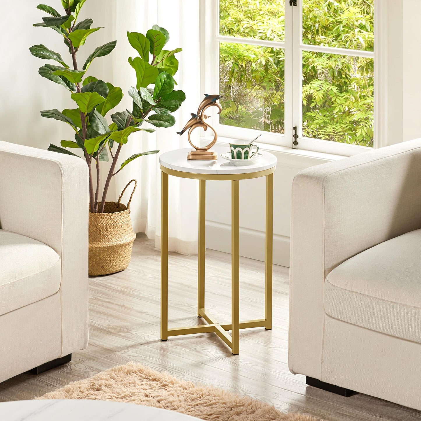 Yaheetech Round Faux Marble Side Table with X-Frame, Mustard Gold