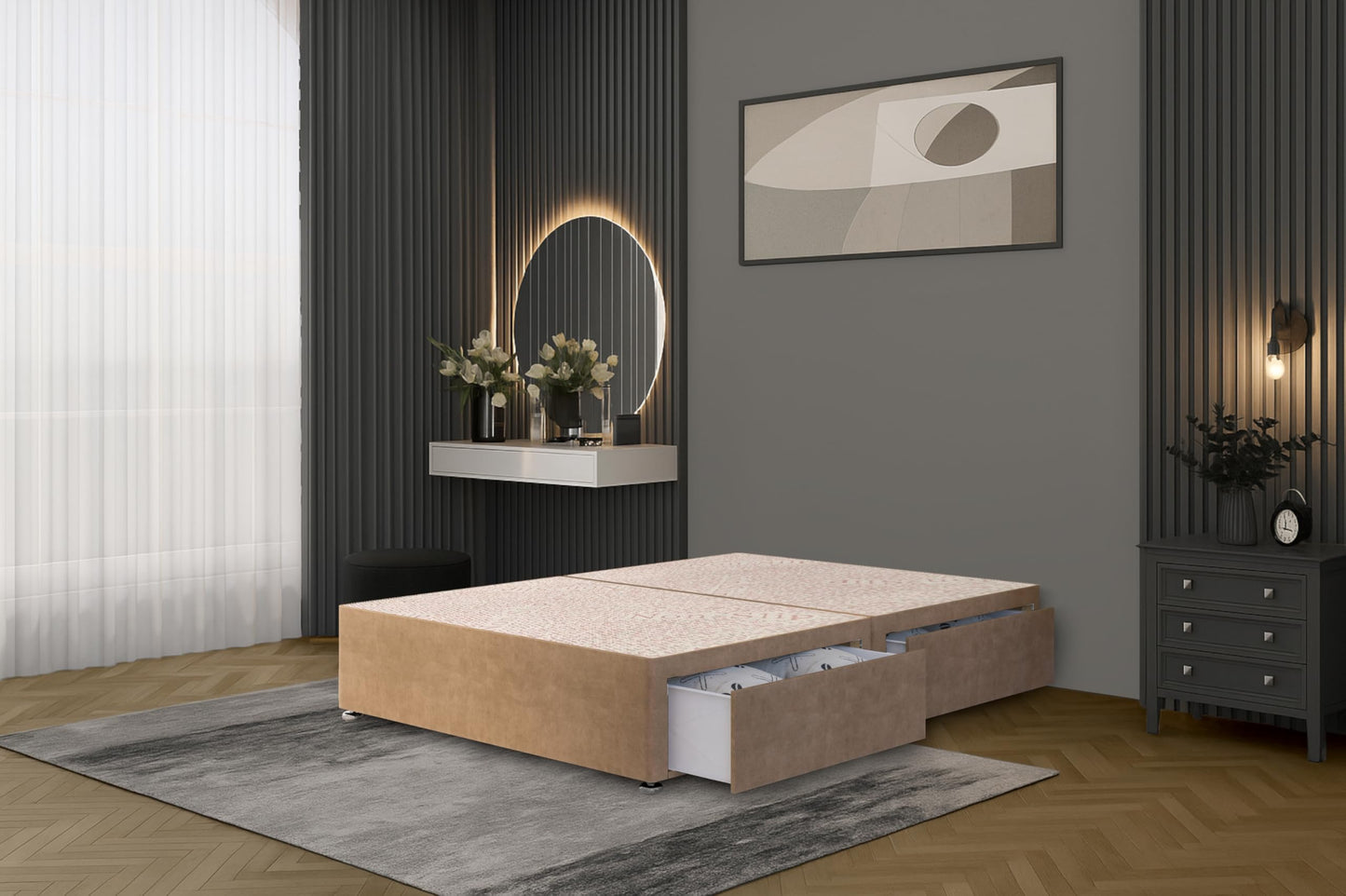 Bed Centre Flexby Divan Bed Base Only with 2 Drawers (Same Side), No Headboard - Available in 3FT, 4FT, 5FT & 6FT (3FT Single, Plush Beige Fabric)